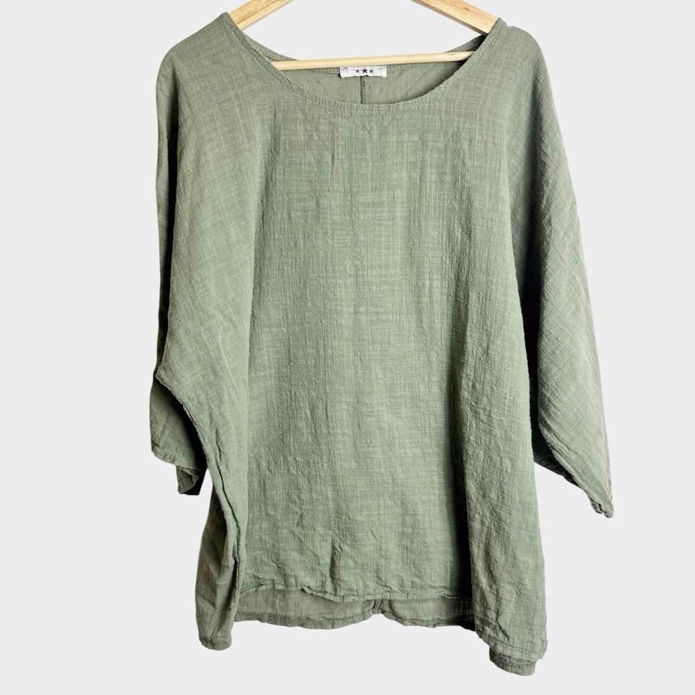 Made In Italy Women 100% Cotton Green Langenlook Blouse Oversized Slouchy